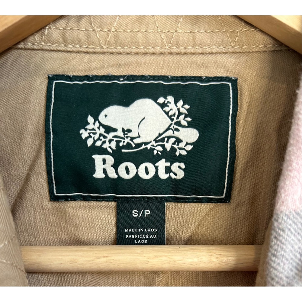 Roots Canada Pink Grey Buffalo Plaid Flannel Shirt Corduroy Elbow Patches Small - Picture 2 of 4